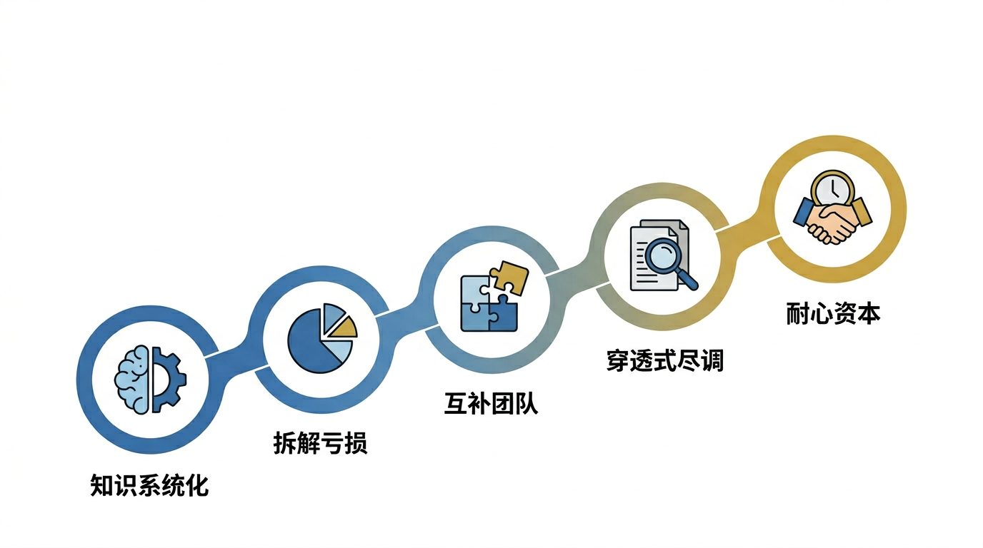 创业者的 5 个行动清单：知识系统化 → 拆解亏损 → 互补团队 → 穿透式尽调 → 耐心资本