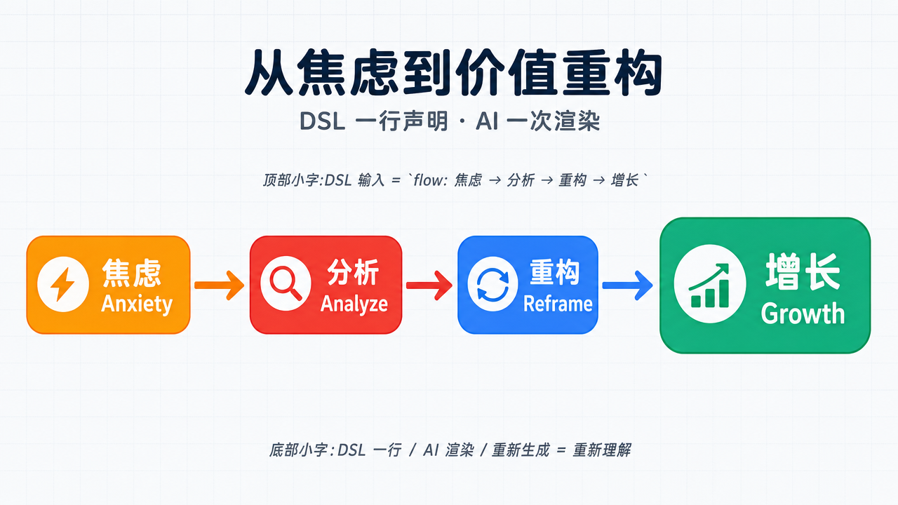 一行 DSL 喂给 AI，渲染出“焦虑 → 分析 → 重构 → 增长”四节点流程