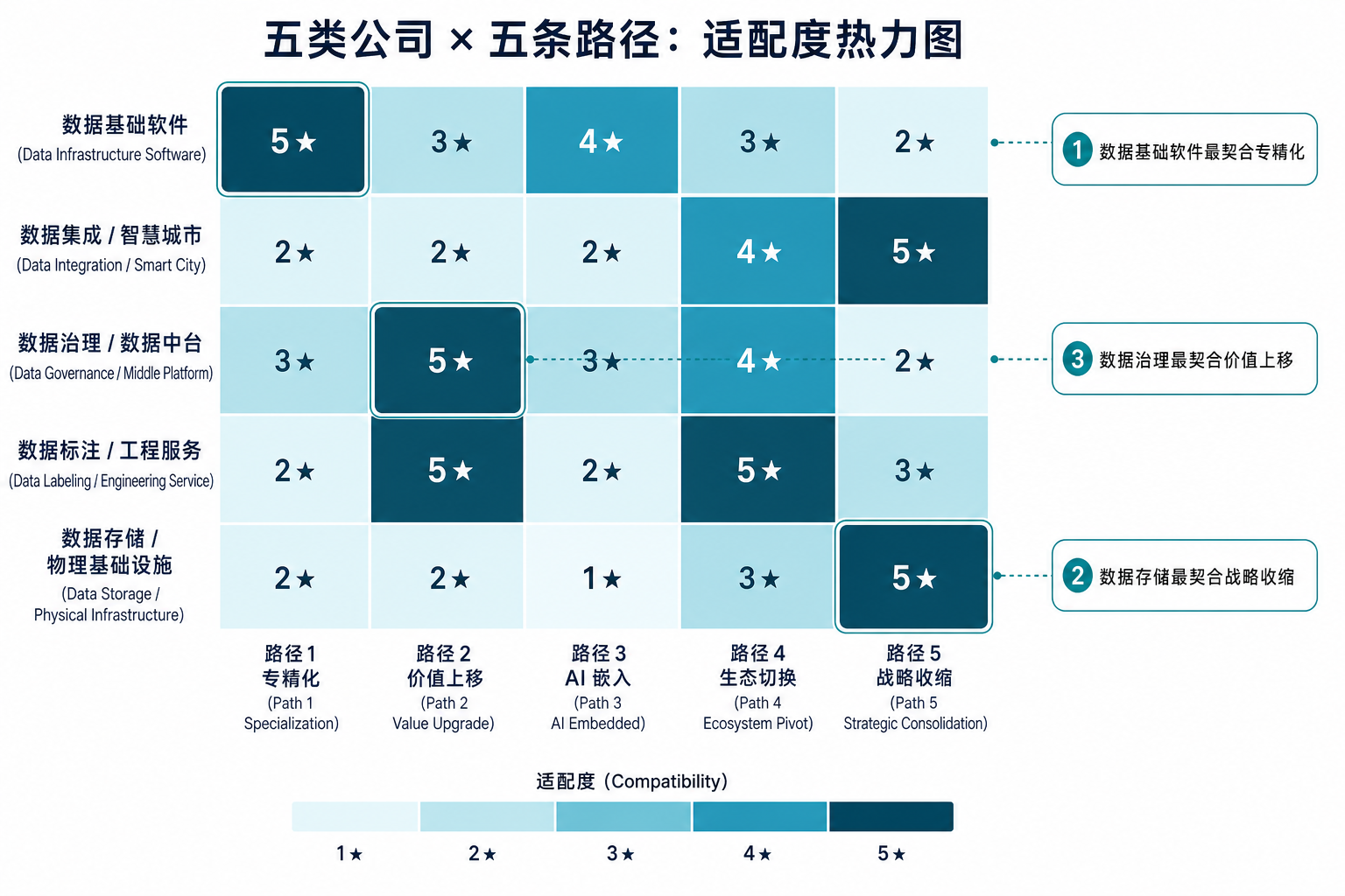 五类公司 × 五条路径:适配度热力图
