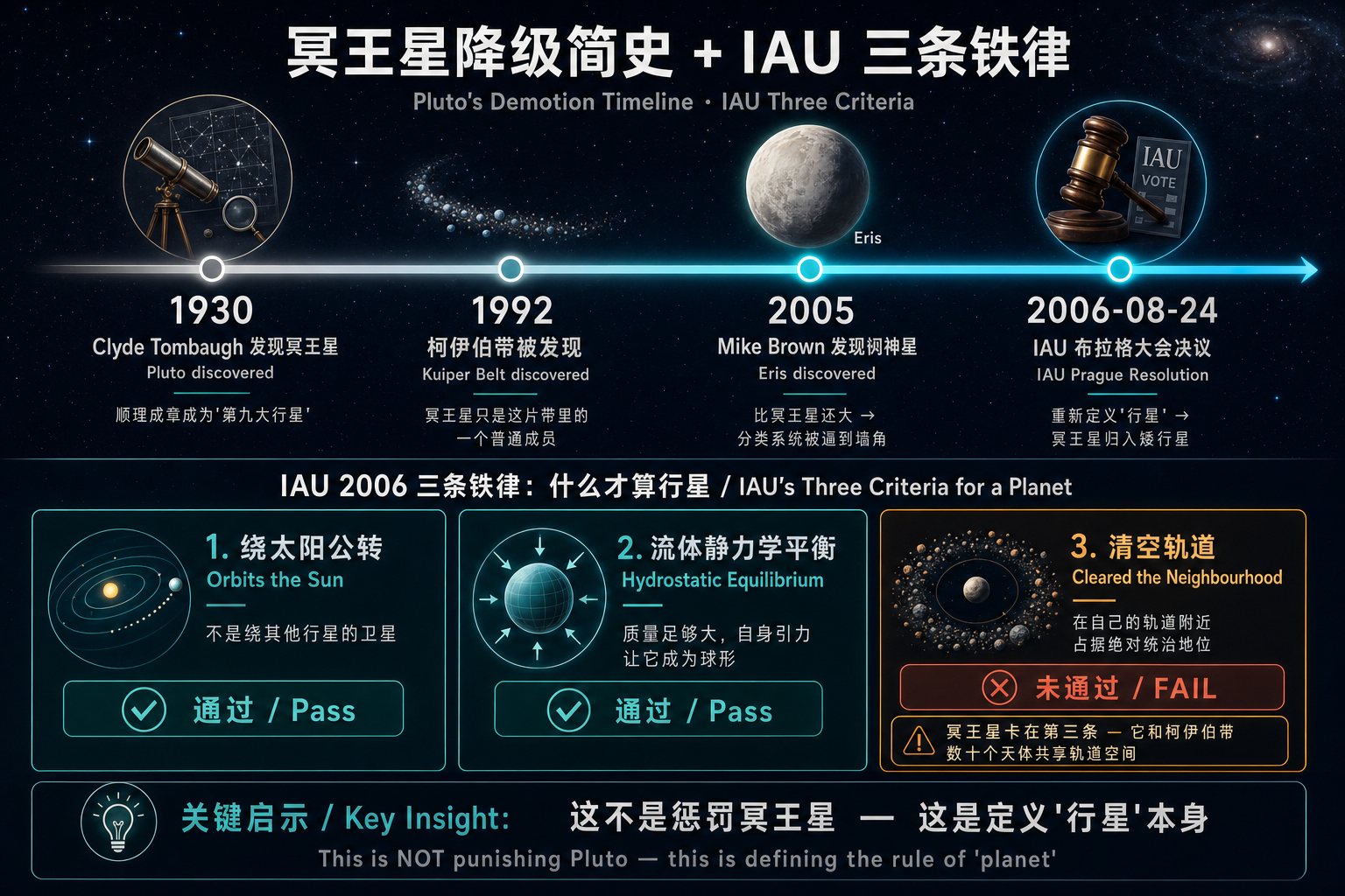 冥王星降级简史 + IAU 三条铁律