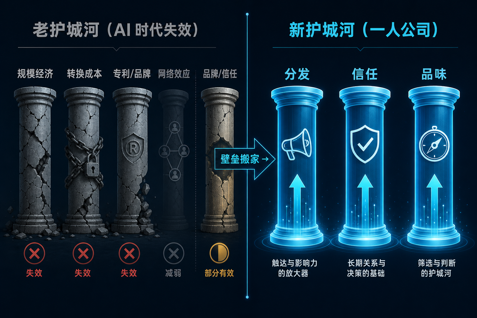 老护城河 vs 新护城河：一人公司的壁垒搬家了