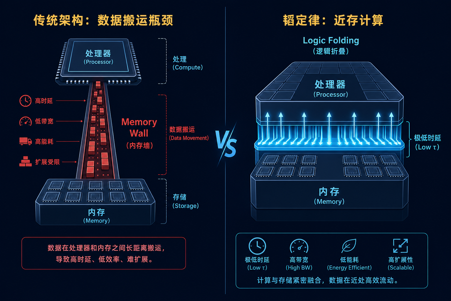 传统架构的数据搬运瓶颈 vs 韬定律的近存计算