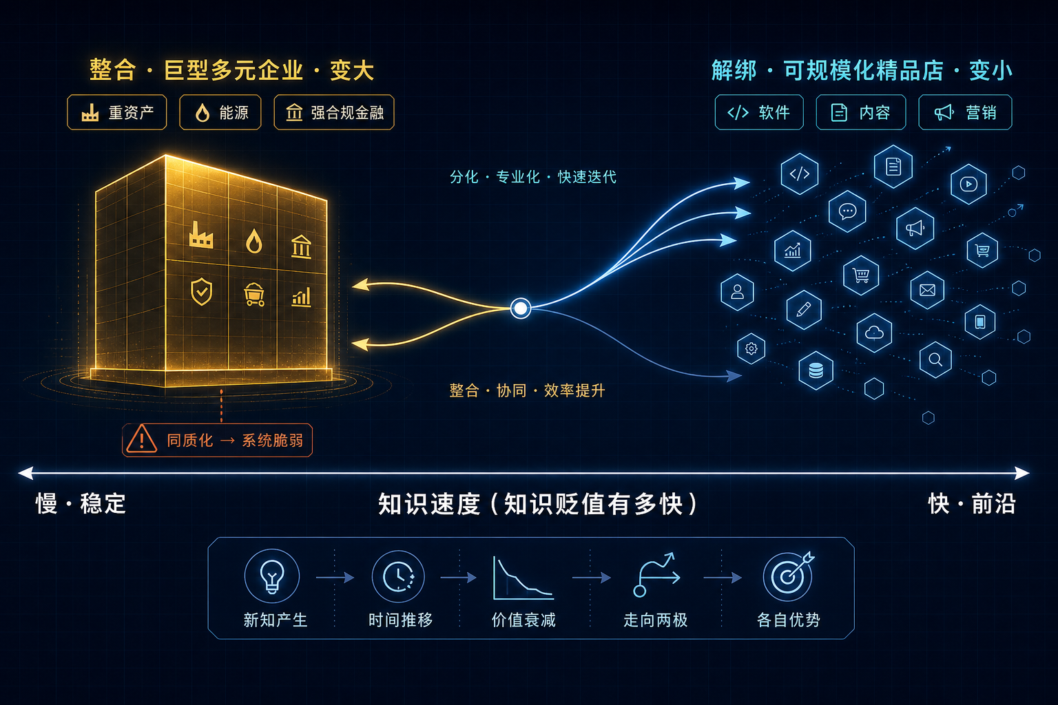 图 2:沿"知识速度"这根轴,Agent 把经济撕成两半——高速领域向"解绑·精品店·变小"倾斜,稳定领域向"整合·巨头·变大"倾斜