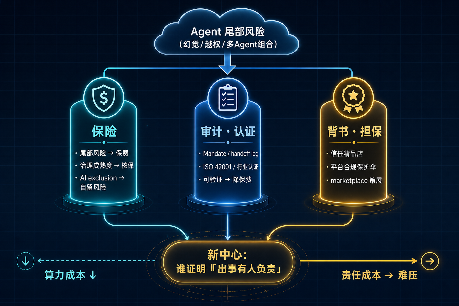 图 1：Agent“责任的边际成本”如何被显性化——算力成本可压缩，尾部责任成本通过保险转移、审计认证降风险、背书担保聚信任三条路径定价，且可能形成新的中心节点