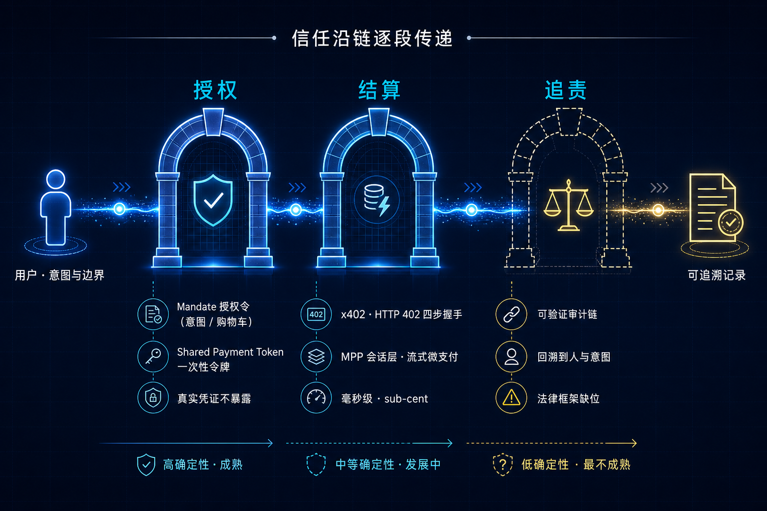图 1:Agent 自主支付的三道关——授权(把意图与边界压进 Mandate / 一次性令牌)、结算(x402/MPP 在机器速度下流动资金)、追责(可验证审计链回溯到人),信任沿这条链逐段传递
