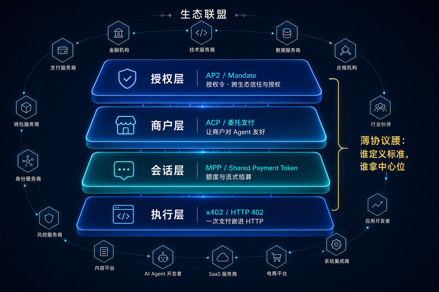 图 2:Agent 支付的协议分层栈——授权层(AP2 / Mandate)、商户层(ACP / 委托支付)、会话层(MPP / Shared Payment Token)、执行层(x402 / HTTP 402),以及围绕这条"薄协议腰"集结的生态联盟