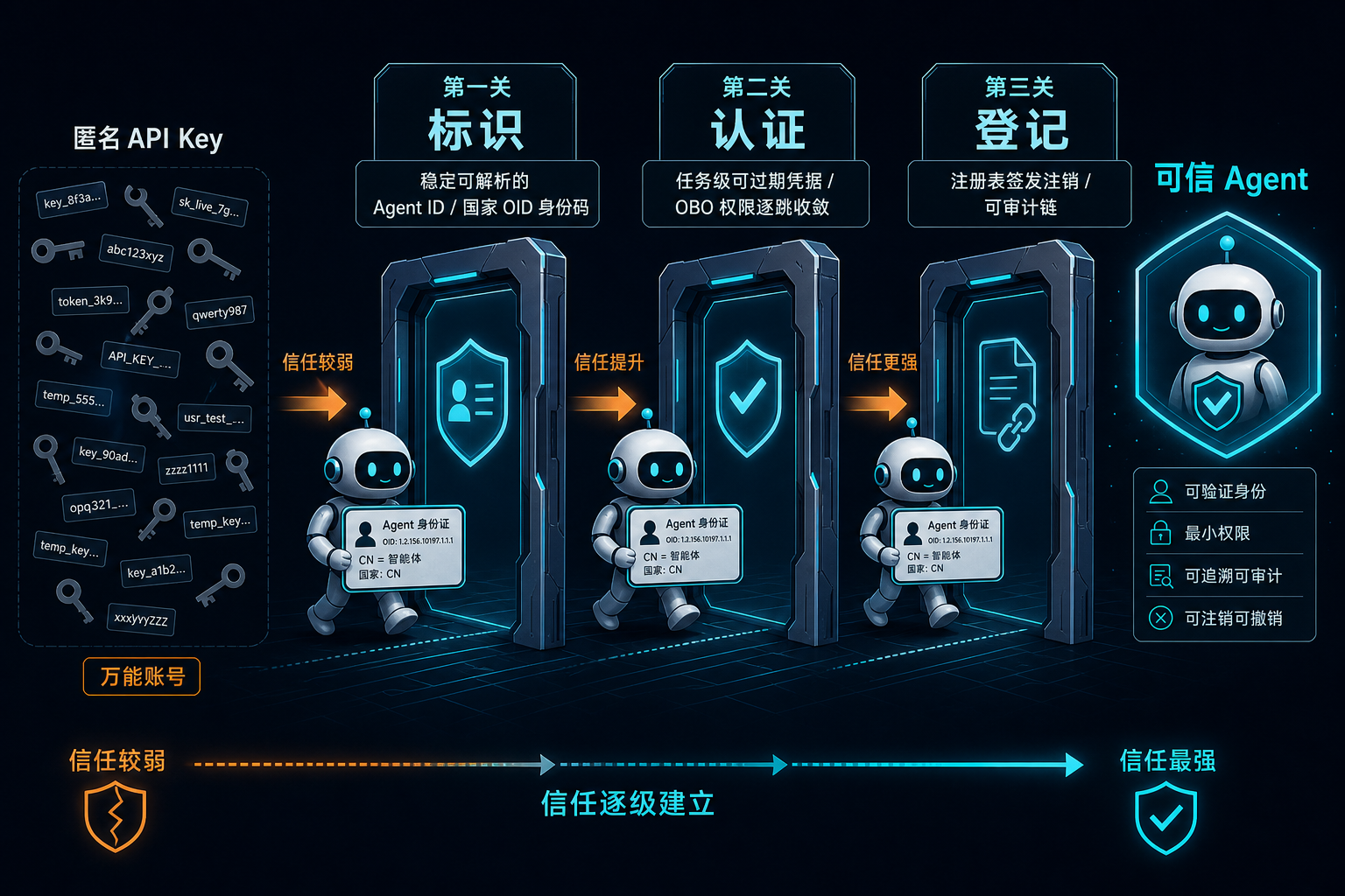 图 1：Agent 身份登记的三道关——标识（稳定可解析的 Agent ID）、认证（任务级可过期凭据与 OBO 收敛）、登记（注册表签发注销与可审计链），信任从"匿名 API Key"沿这条链逐级建立