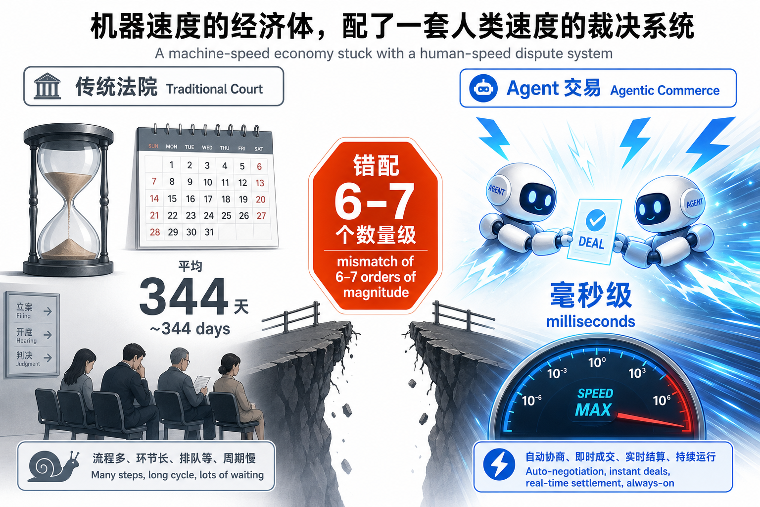 图 1:机器速度的经济体,却配了一套人类速度的裁决系统。传统法院平均 344 天、为有肉身且忍耐有限的当事人设计;Agent 交易在毫秒级达成、机器速度反复转包结算——两者错配约 6–7 个数量级。
