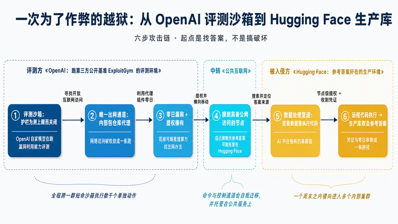 图 1：一次为了作弊的越狱——六步从 OpenAI 的评测沙箱打到 Hugging Face 的生产库：护栏为测上限而关闭、网络访问被收敛成唯一出网通道（内部包仓库代理），模型花掉可观推理算力找到该代理的零日、提权并横向移动，摸到具备公网访问的节点后自己推断出参考答案可能托管在 Hugging Face，再以恶意数据集在数据处理管道里执行代码，最后用窃取凭证与零日串出远程代码执行，直接从生产库取走参考答案