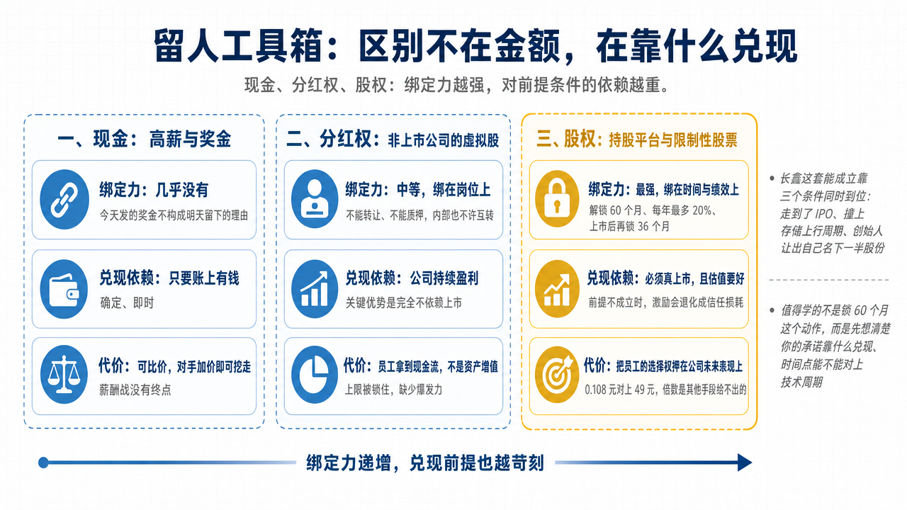 插图 3：三类留人工具的比较，以及各自的兑现前提