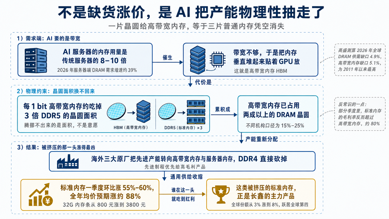插图 2：AI 如何抢走通用内存产能，HBM 挤占晶圆的传导链