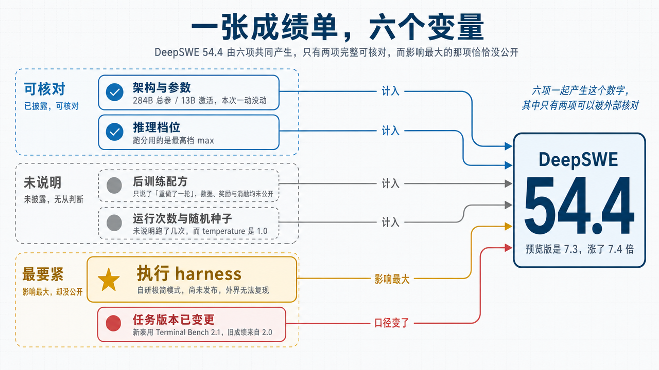 图 2：一张成绩单的归属拆解。DeepSWE 54.4 由六个变量共同产生，按可核对程度分成三组：已披露可核对的只有架构与参数（本次一动没动）和推理档位（用的最高档 max）；未披露因而无从判断的是后训练配方（仅说明"重做了一轮"，数据组合、奖励设计与消融实验均未公开）和运行次数与随机种子（而 temperature 是 1.0）；最后一组影响最大却没公开——执行 harness 是尚未发布的自研极简模式，任务版本则从 Terminal Bench 2.0 换成了 2.1