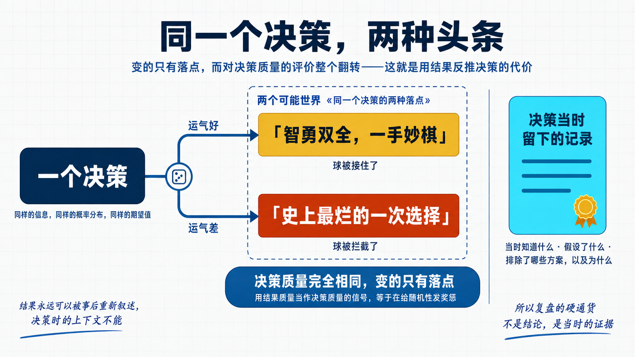 图 2:同一个决策可能通向两种完全相反的头条。分支处改变的是运气,而不是决策本身。右侧独立保存的决策记录,才是复盘时不受结果污染的证据