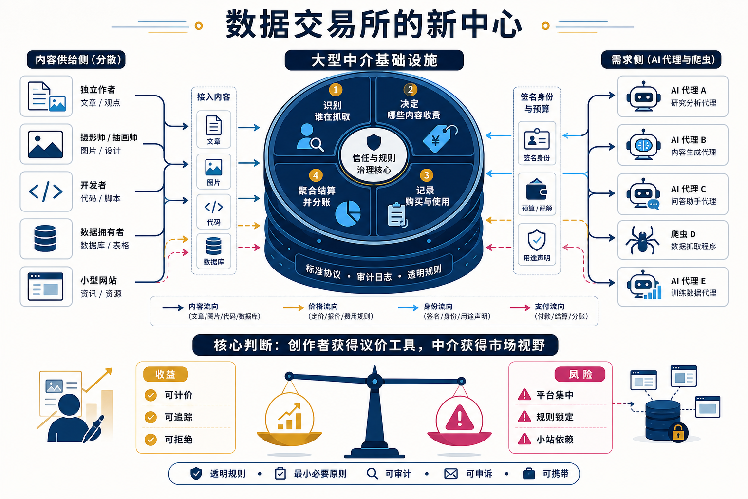 图 2：数据交易所的新中心。创作者获得可计价、可追踪和可拒绝的工具，中介则掌握身份、规则、购买记录与聚合结算。