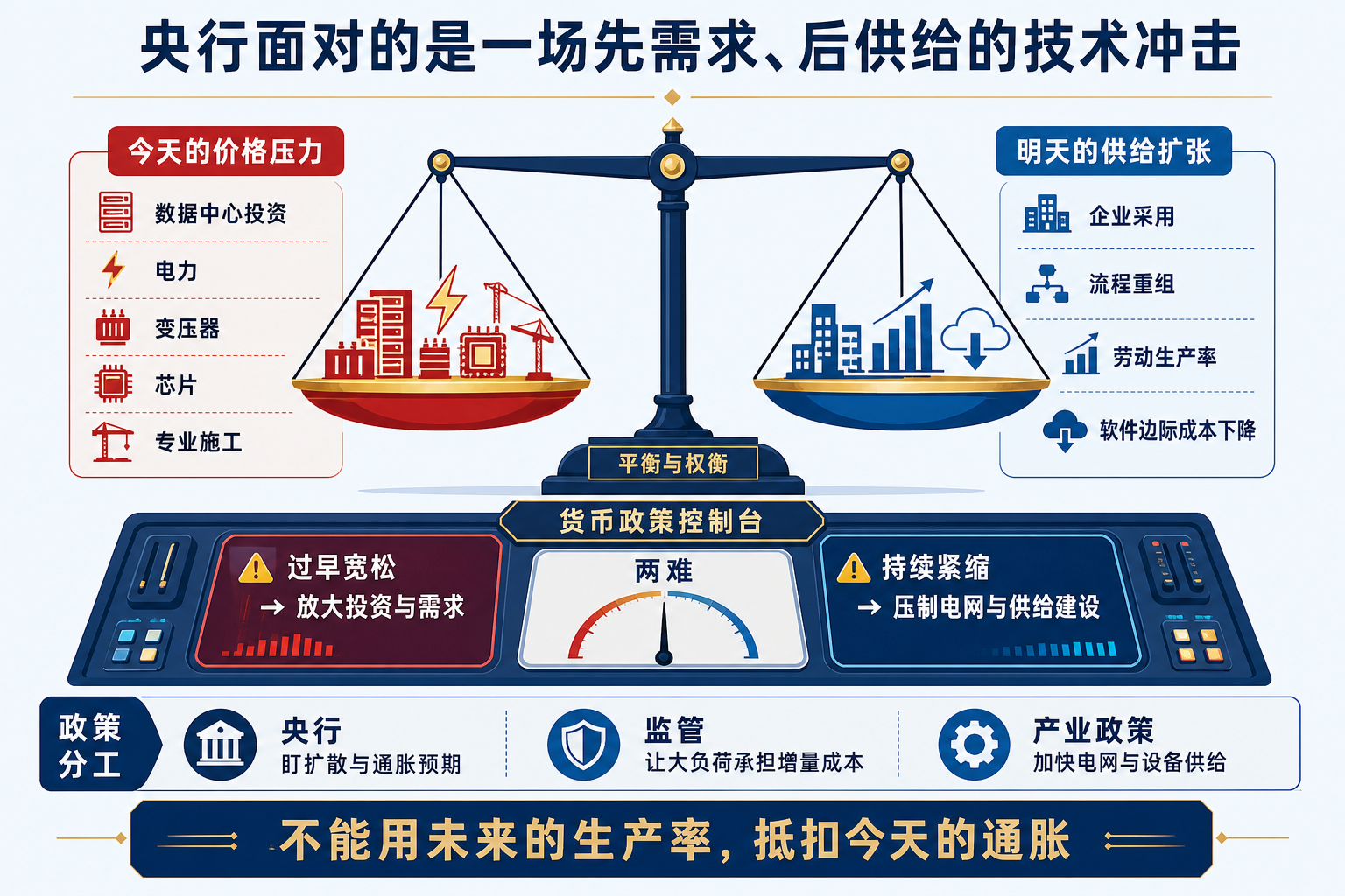 图 2：央行必须同时面对当期投资需求和未来供给扩张，过早宽松与持续紧缩都会放大另一侧风险。