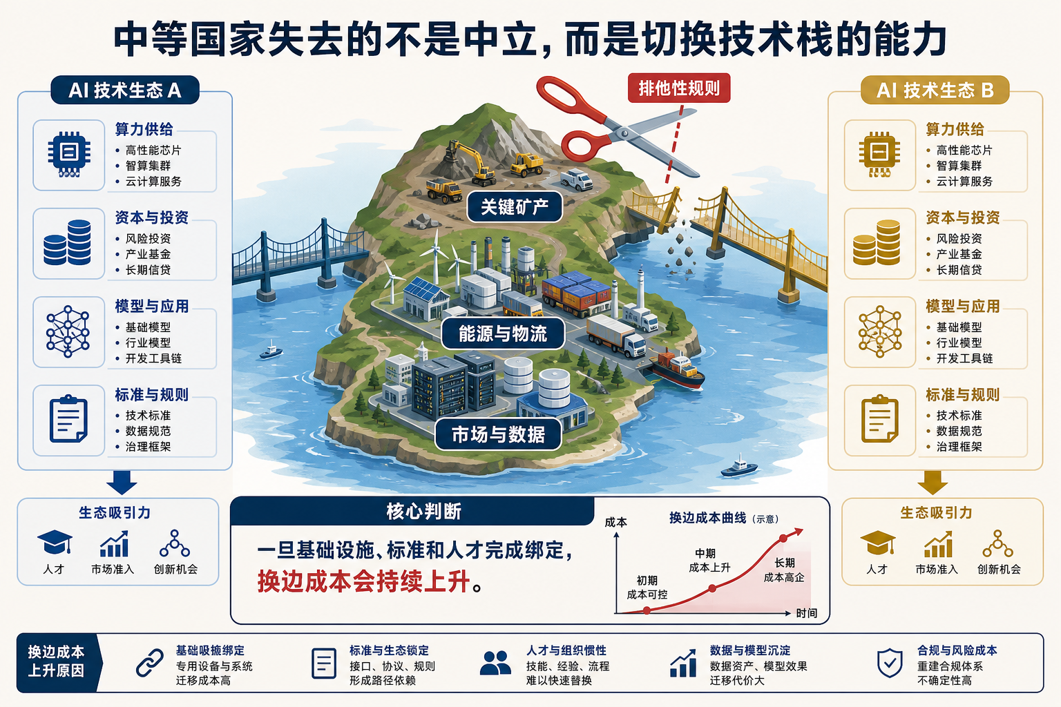 图 2：排他性规则切断双向连接后，中等国家会因基础设施、标准、人才和数据沉淀而面临持续上升的换边成本。