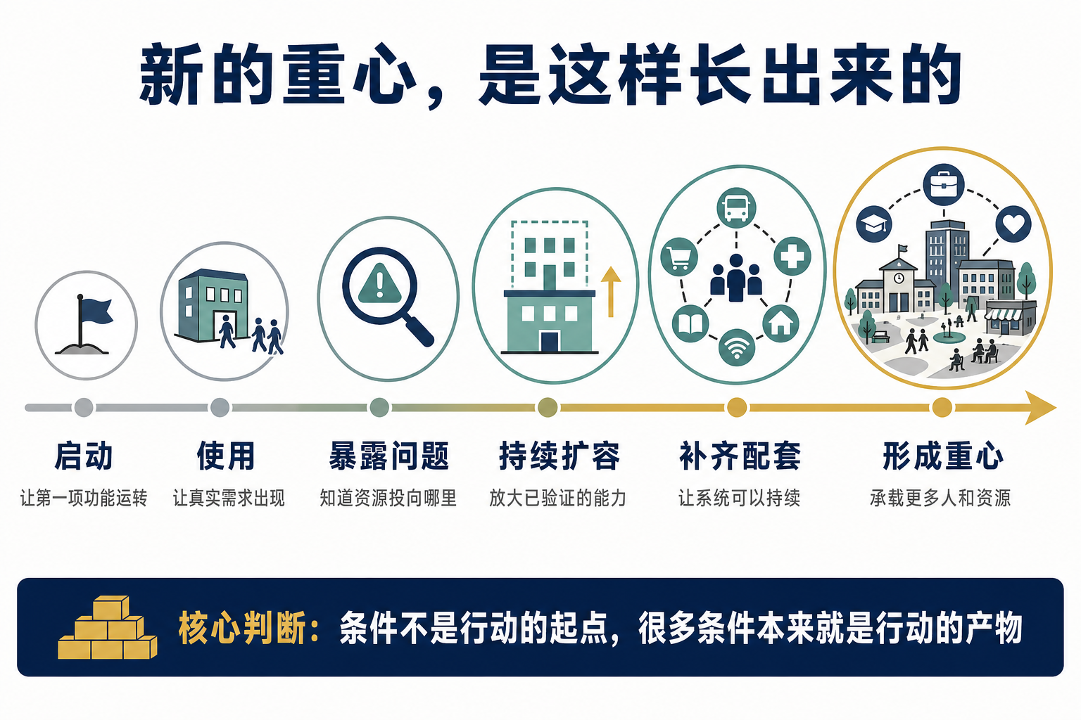 图 1：新的重心不是一次建成的，而是在启动、使用、扩容和完善中逐步获得承载能力。