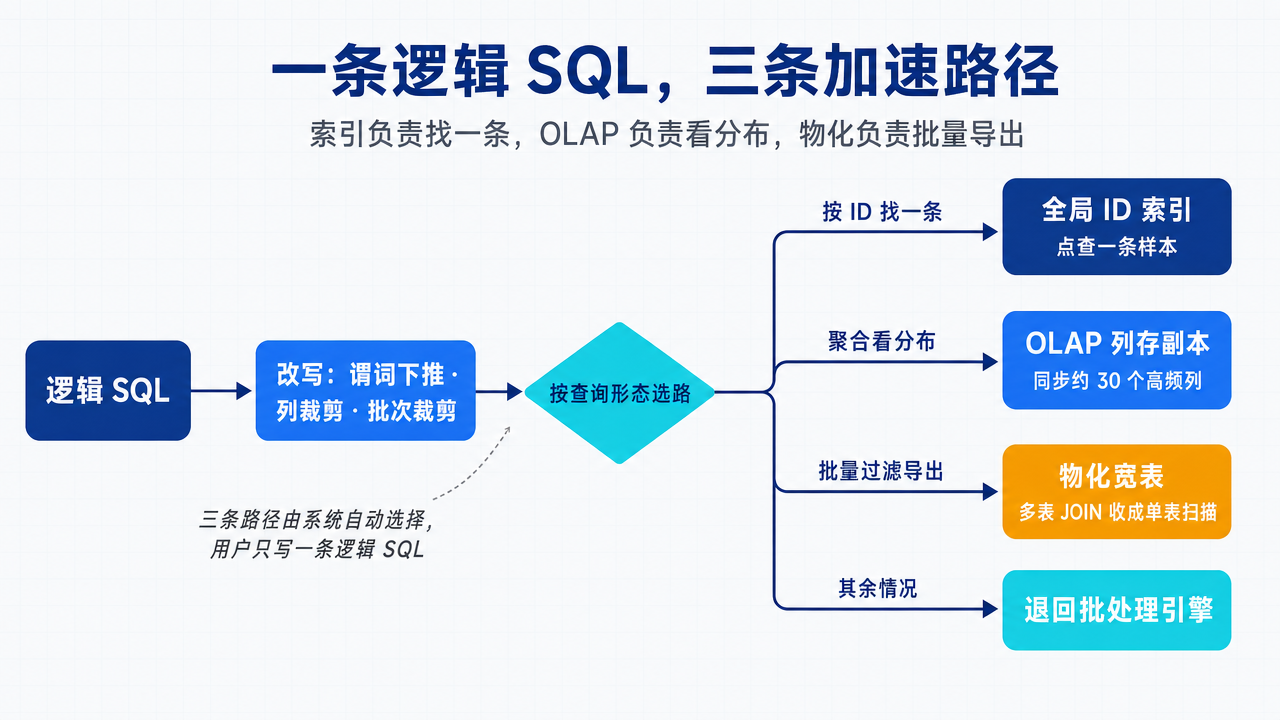 一条逻辑 SQL 经谓词下推、列裁剪、批次裁剪后,按查询形态自动分流到全局 ID 索引、OLAP 列存副本、物化宽表,其余情况退回批处理引擎