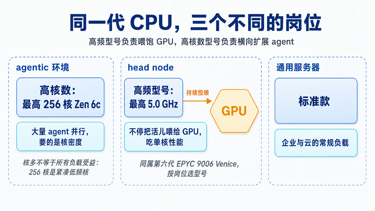 同一代 CPU 的三个岗位:agentic 环境用最高 256 核 Zen 6c 求核密度,head node 用最高 5.0 GHz 的高频型号持续把活儿喂给 GPU,通用服务器用标准款跑常规负载