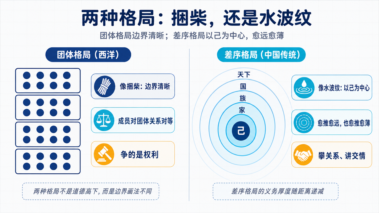 左侧为捆柴式团体格局：边界清晰的层层捆扎，成员对团体关系对等；右侧为水波纹式差序格局：以己为中心，一圈圈向外推，愈远愈薄，家、族、国、天下随距离伸缩
