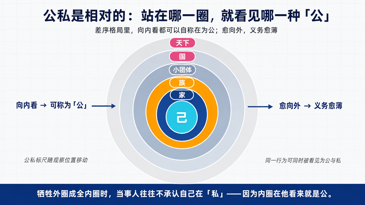 同心圆示意图。中心为己，向外依次为家、族、小团体、国、天下。每一圈内侧标注公，外侧相对更外一圈可被视作私。旁注：站在任何一圈向内看，都可以自称在为公；愈向外，义务愈薄