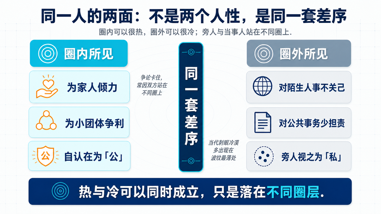 同一人的两面对照。左侧圈内：为家人倾力、为小团体争利、自认在为公；右侧圈外：对陌生人事不关己、对公共事务少担责、旁人视之为私。中间标注：不是两个人性，是同一套差序在不同圈层上的表现