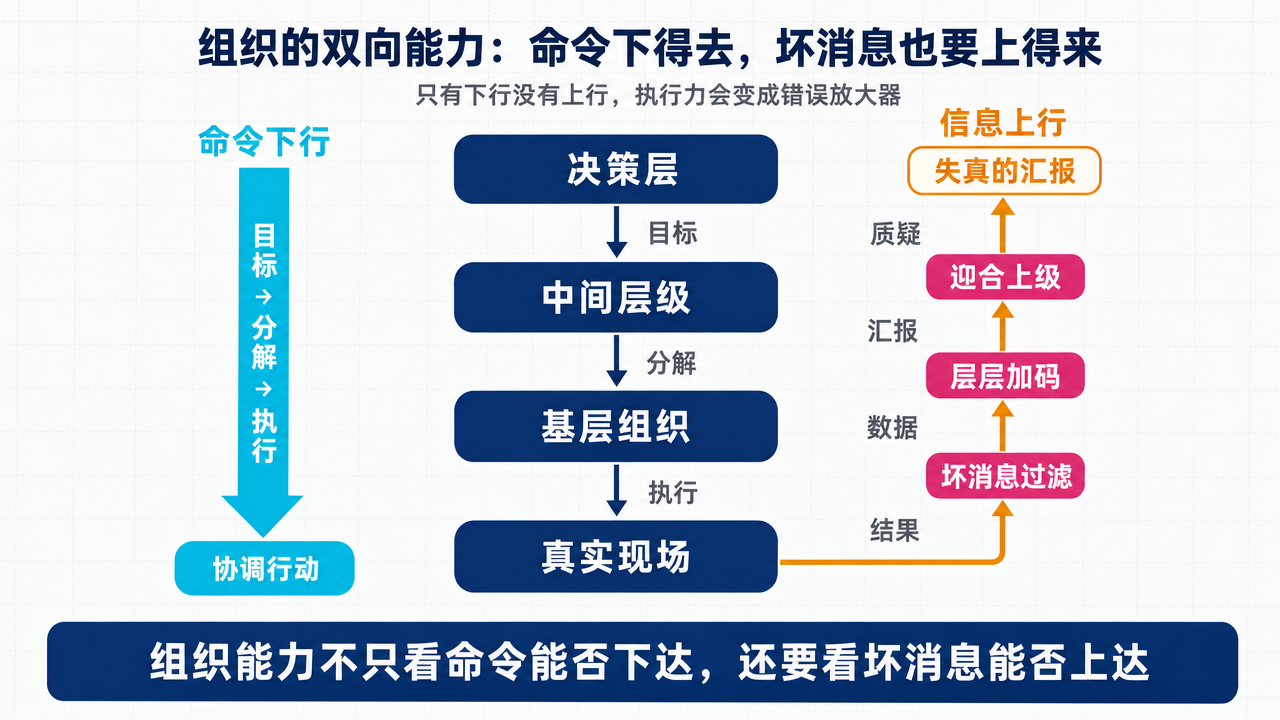 组织双向能力图：左侧为命令下行，从中央目标经层级分解到基层行动；右侧为信息上行，从真实结果经数据、汇报和质疑返回决策层。命令强而反馈弱时，目标会层层加码、坏消息被过滤，最终把局部错误放大成系统风险