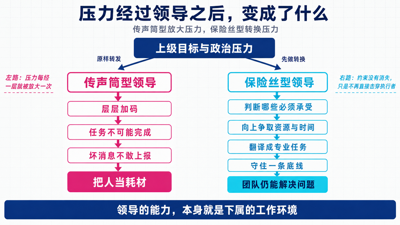 同一份上级压力经过两种领导之后的不同结局。左路传声筒型：层层加码、任务不可能完成、坏消息不敢上报，最后把人当耗材；右路保险丝型：先判断哪些必须承受，向上争取资源与时间，把要求翻译成专业任务，守住一条底线，团队仍能解决问题