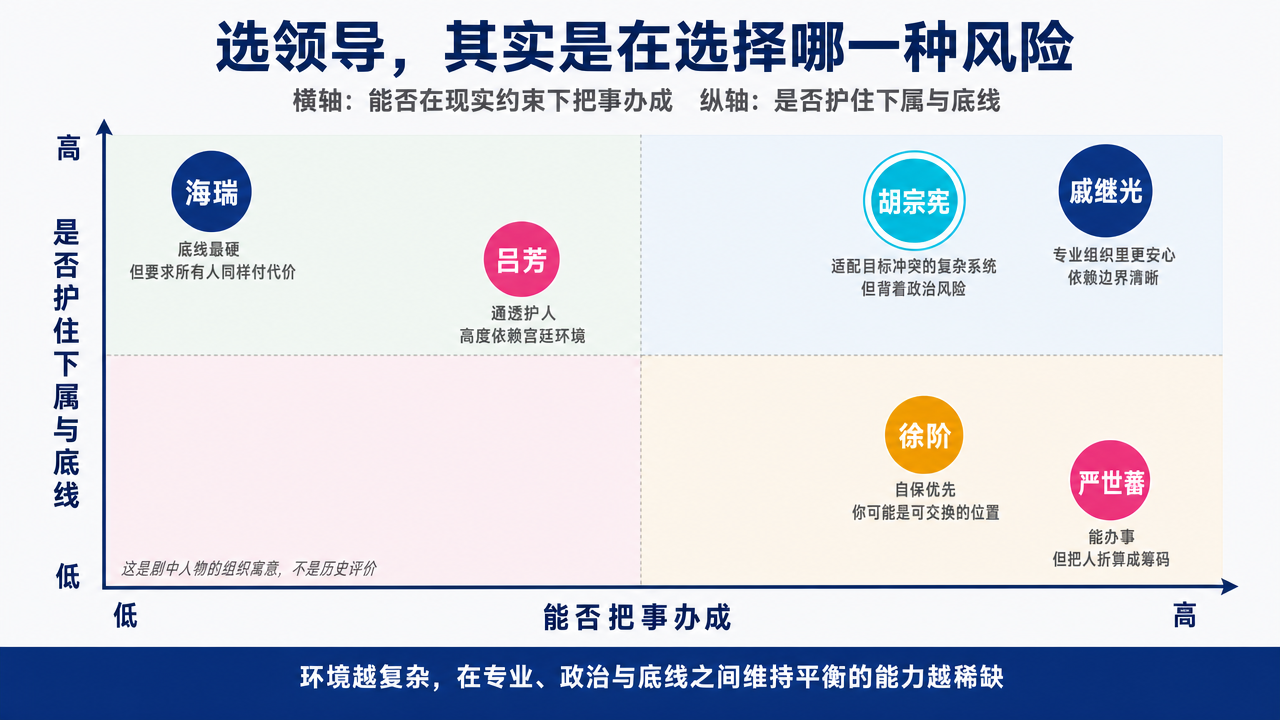 选领导的二维坐标图。横轴为能否在现实约束下把事办成，纵轴为是否护住下属与底线。戚继光位于右上角，依赖边界清晰的专业组织；胡宗宪同在上方偏右并被标出，适配目标冲突的复杂系统，但背着政治风险；海瑞底线最硬而办成受限；吕芳护人但依赖宫廷环境；徐阶能力强而自保优先；严世蕃能办事却把人折算成筹码