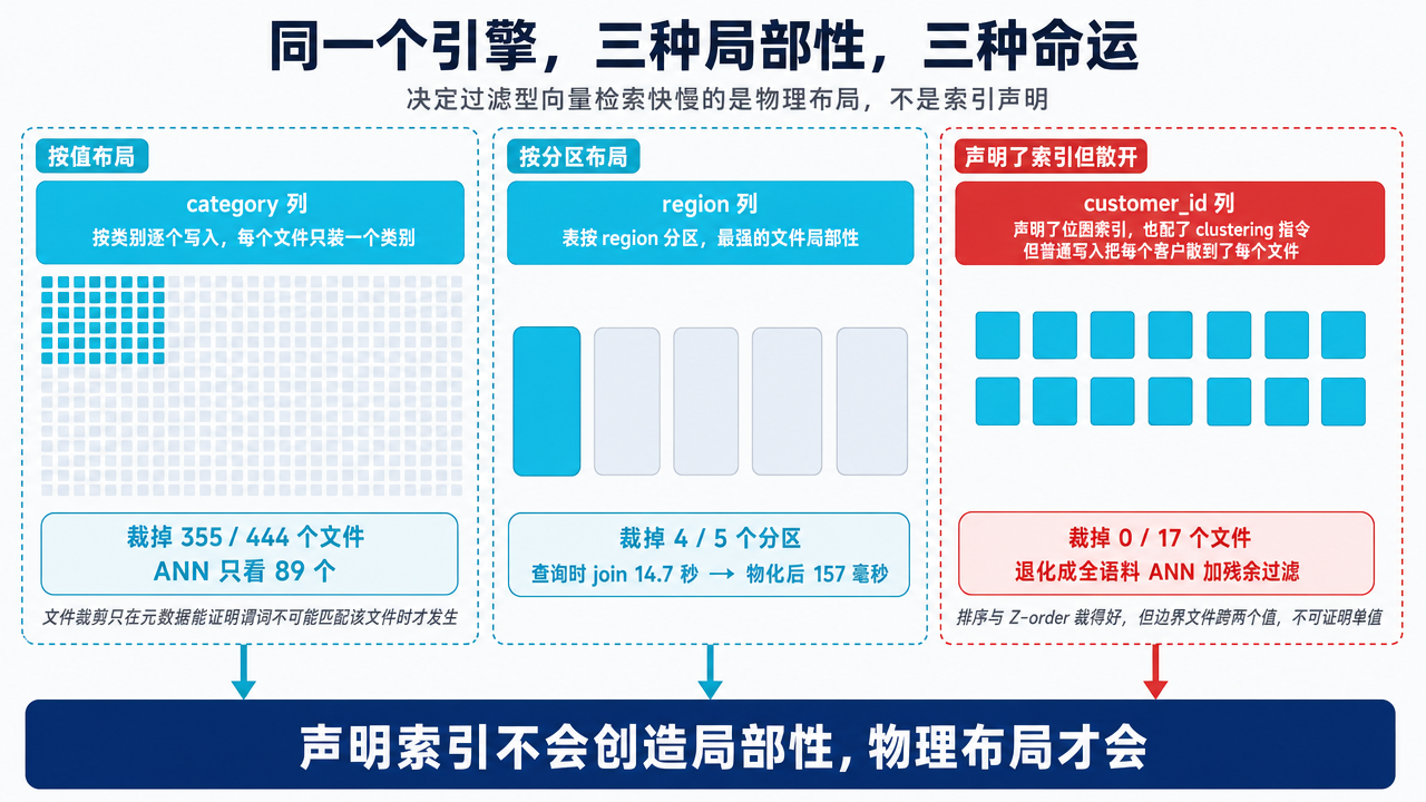 同一个引擎上文件级局部性的三种结果：按值布局的 category 列，位图索引在 ANN 之前裁掉 444 个文件中的 355 个；按 region 分区的列裁掉五个分区中的四个；而 customer_id 列虽然既声明了位图索引又配了 clustering 指令，却因为普通写入把每个客户散落到了每一个文件里，17 个文件一个都裁不掉