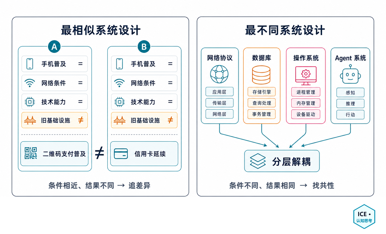 左侧为最相似系统设计：案例 A 与 B 在手机普及、网络条件、技术能力上相同，只有旧基础设施不同，结果分别是二维码支付普及与信用卡延续；右侧为最不同系统设计：网络协议、数据库、操作系统、Agent 系统彼此差异很大，却都走向分层解耦
