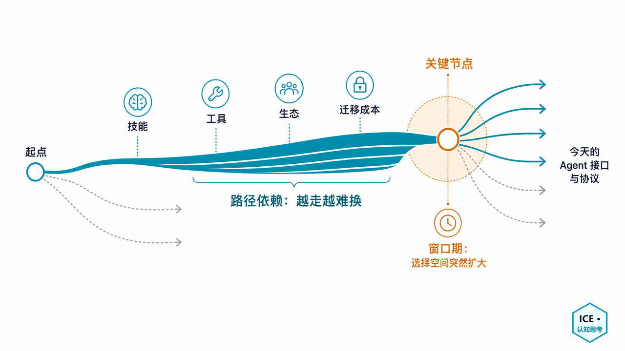 一条从起点出发的路径：早期分叉后，一条路因技能、工具、生态、迁移成本不断叠加而越走越粗、越来越难换；在关键节点处，路径重新张开为多条分支，对应今天尚未定型的 Agent 接口与协议