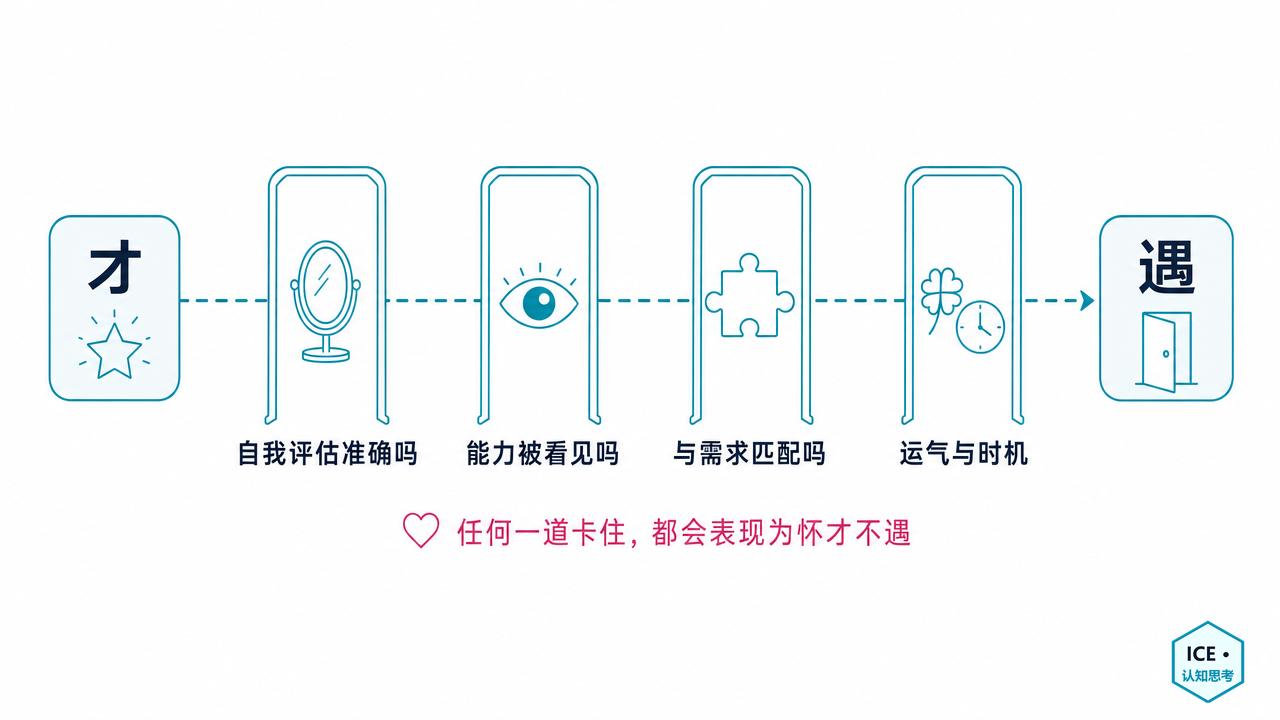 从“才”到“遇”之间的四道关卡：自我评估是否准确、能力能否被看见、能力与需求是否匹配、运气与时机是否站在你这边；任何一道卡住，都会表现为怀才不遇