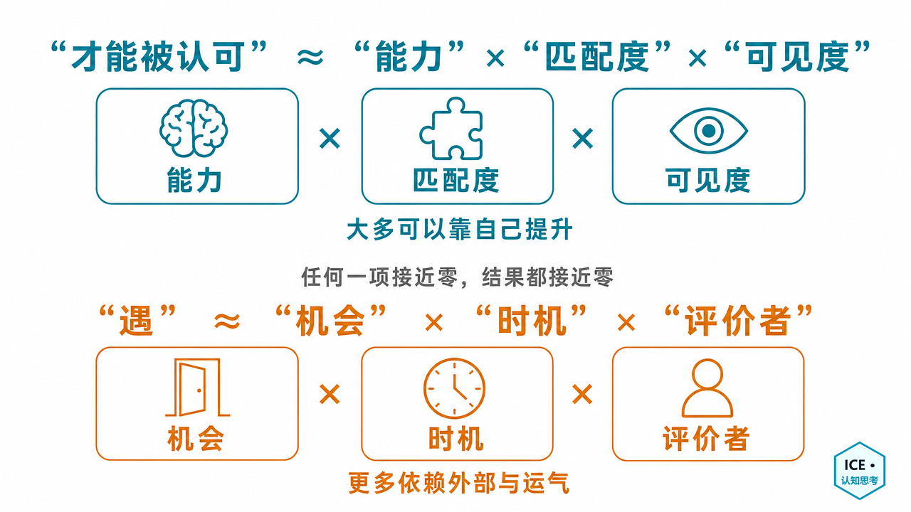 两个式子的示意：上方“才能被认可”由能力、匹配度、可见度相乘，这三项大部分可以靠自己提升；下方“遇”由机会、时机、评价者相乘，这三项更多依赖外部与运气，能做的是提高被看见的概率