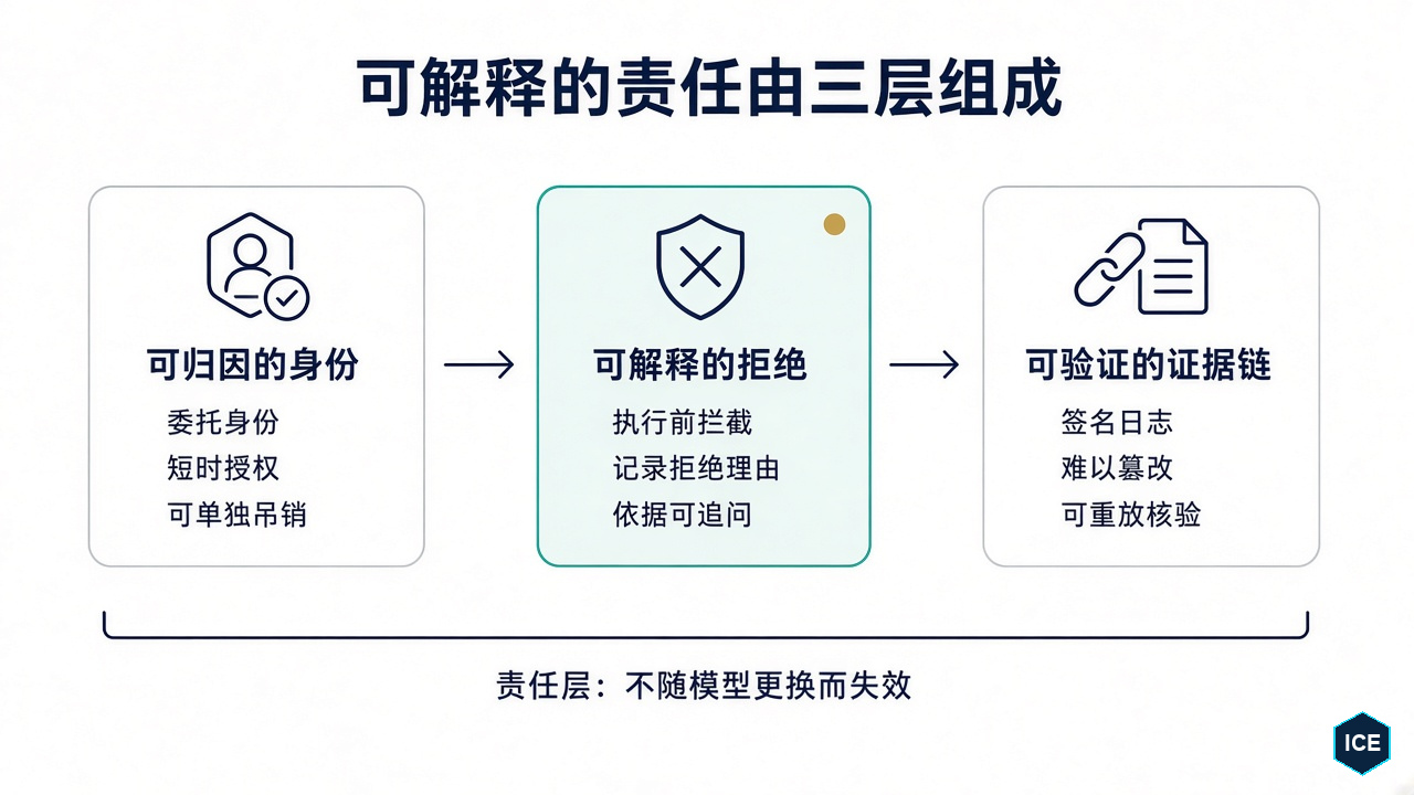 可解释的责任由可归因的身份、可解释的拒绝、可验证的证据链三层组成