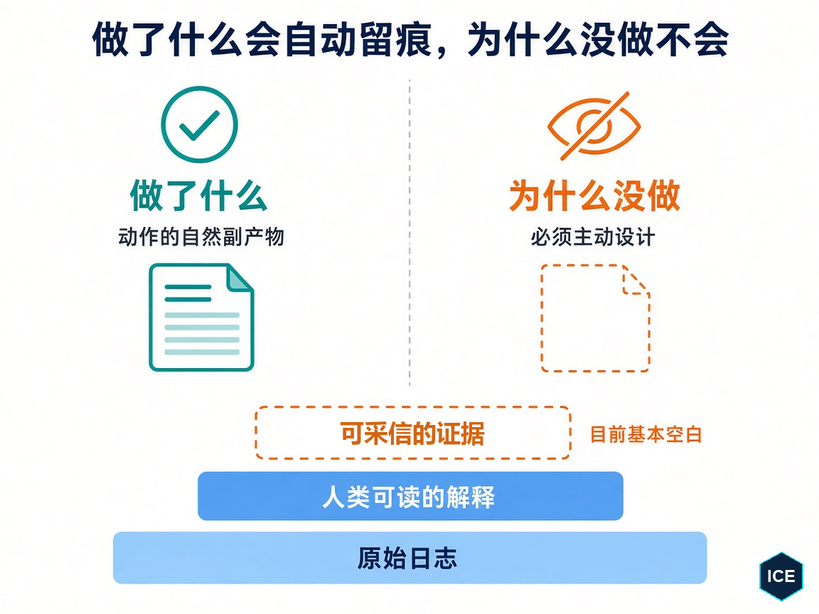 正向留痕是副产物，否定留痕必须主动设计；从原始日志到可采信的证据仍有落差