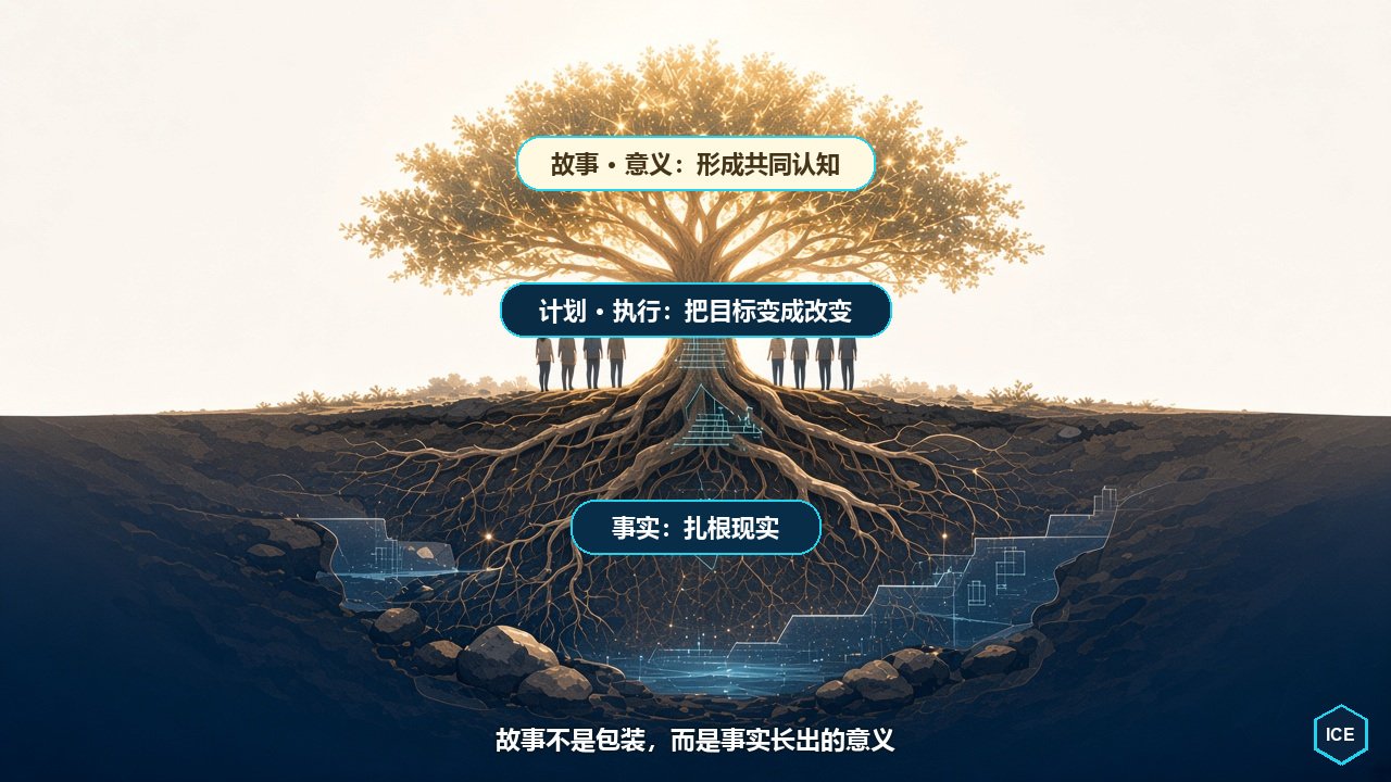 一件事的两次成立：事实让它扎根现实，计划与执行把目标变成改变，故事让改变进入共同认知