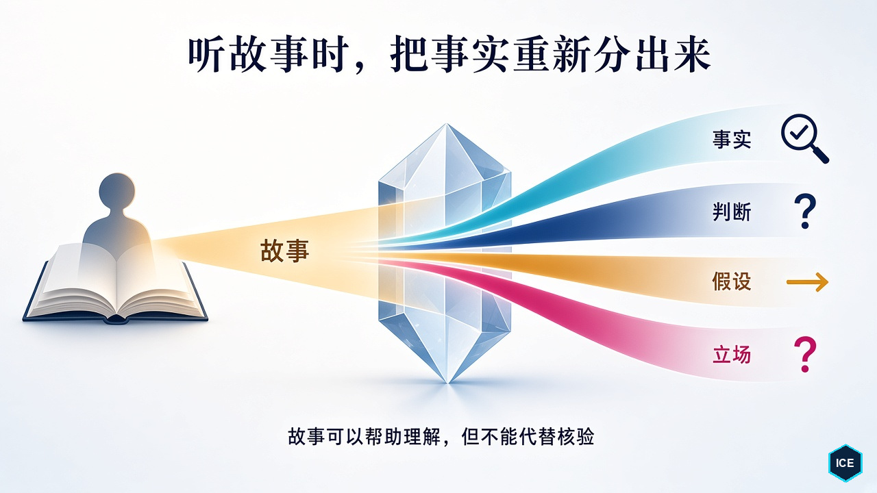 听故事时，把完整叙事重新拆成事实、判断、假设和立场；故事帮助理解，但不能代替核验