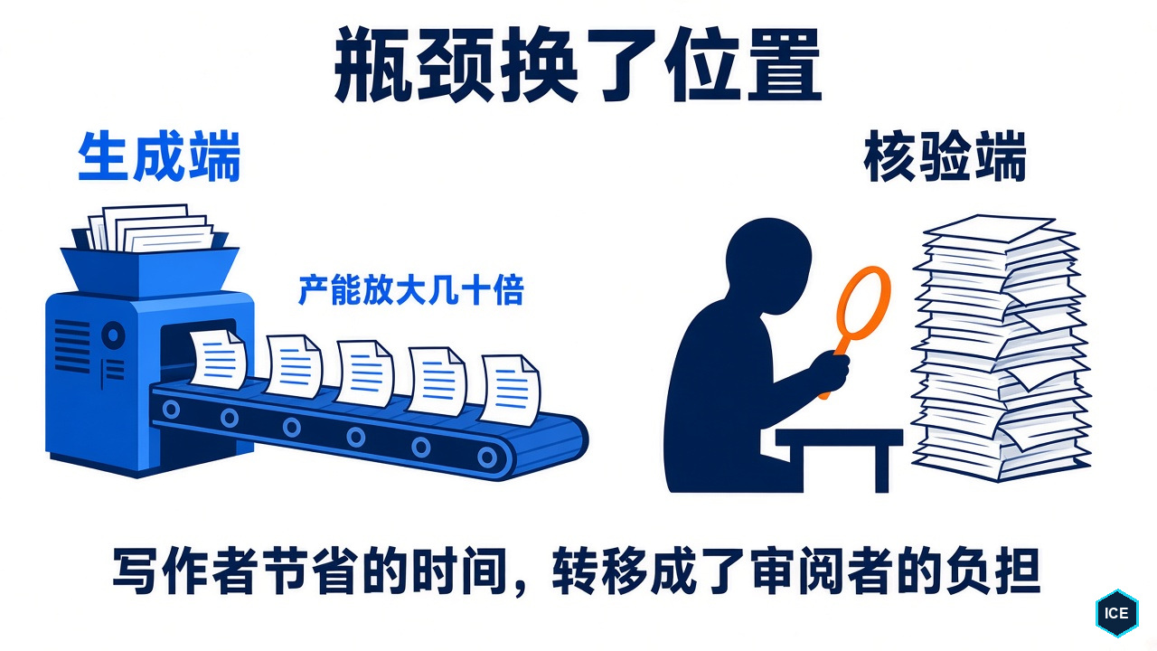 瓶颈换了位置：生成端像流水线一样批量产出文档，核验端只有一位审阅者守着越堆越高的待审文档