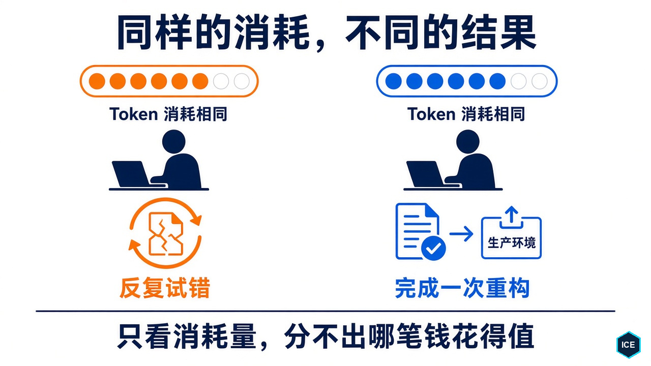 同样的消耗,不同的结果:两个人用掉同样多的 Token,一个在反复试错,一个完成了一次交付到生产环境的重构