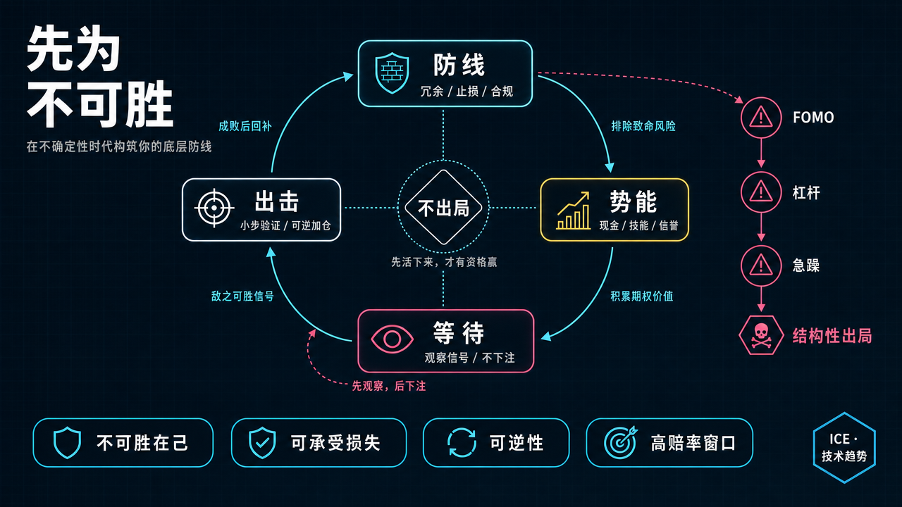 先为不可胜的动态框架：先筑防线，再积蓄势能、等待信号并小步出击；FOMO、杠杆与急躁则可能造成结构性出局